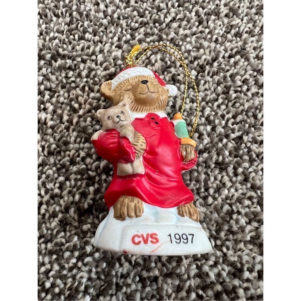 Vintage Christmas Ornament, sleeping teddy bear holding a bear  CVS dated 1997